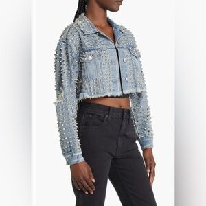 AZALEA WANG Studded Distressed Crop Cotton Denim Trucker Jacket Size Medium